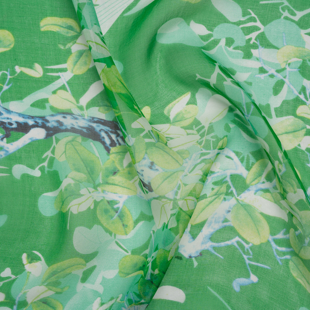 Silk Voile Print - Green and Blue Birds Among Leaves - Deadstock - Joann Fabrics