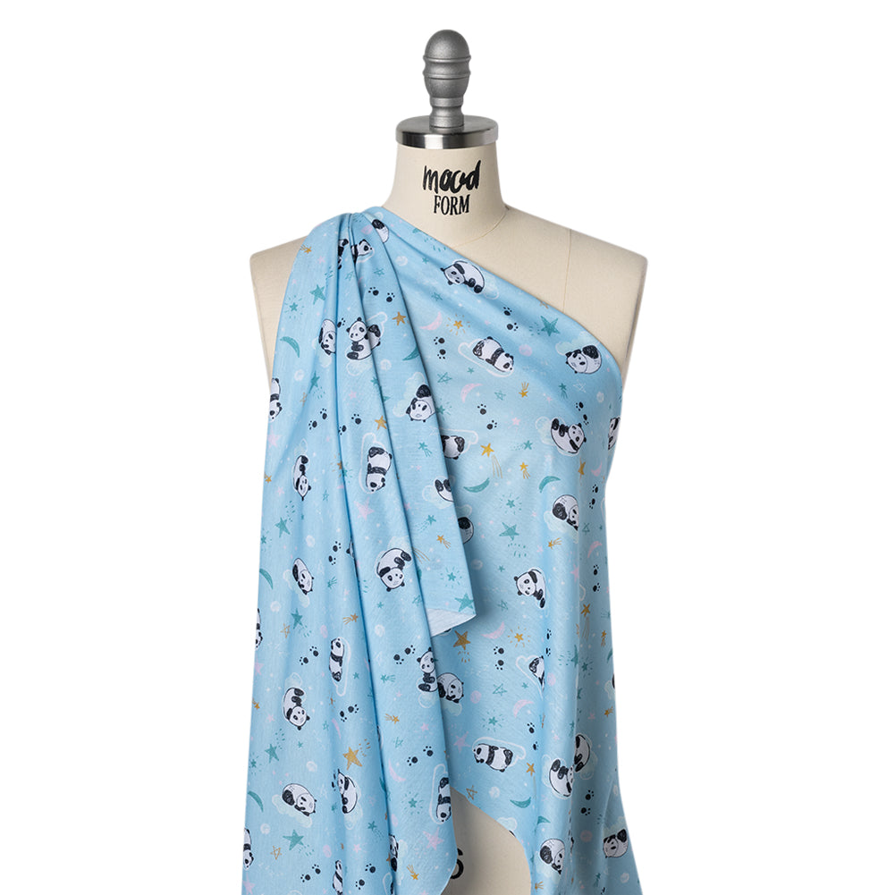 Recycled Polyester Jersey Print - Sky Blue, Black and White Sleepy Pandas - Deadstock - Joann Fabrics