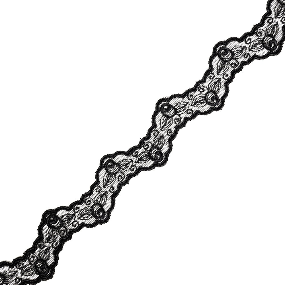 Black Roses Zig Zag Scalloped Embroidered Lace Trim - 1.5