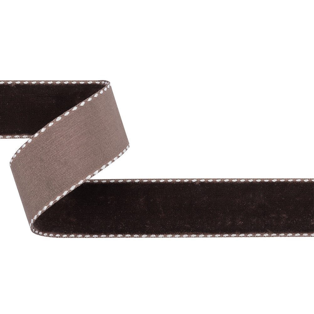 Faded Brown and White Side-Stitched Velvet Ribbon - 1