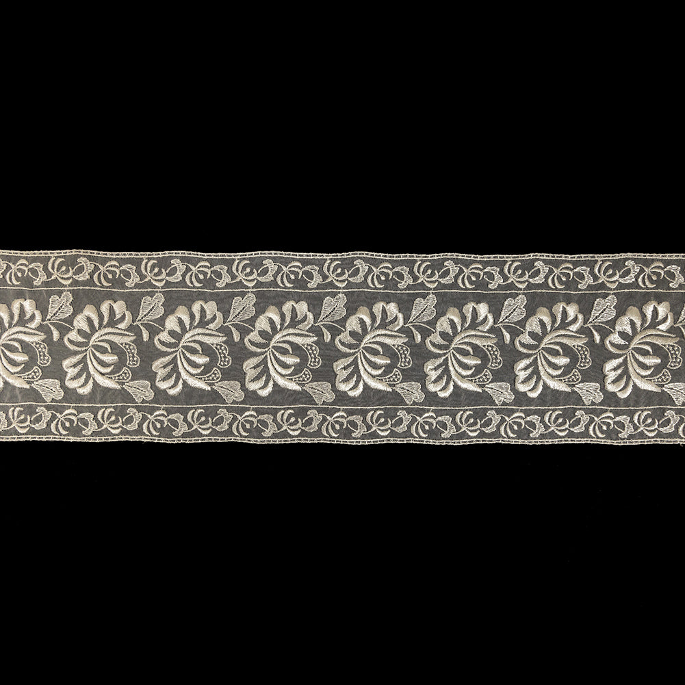 White Floral Embroidered Organza Lace Trim - 4.25