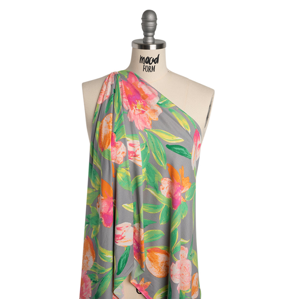 Super Soft Stretch Polyester Jersey - Neon Pink, Orange and Green Florals on Gray - Deadstock - Joann Fabrics