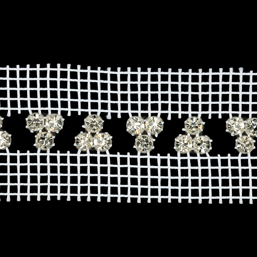 Vintage Crystal and Silver Rhinestone Trio Trimming on White Mesh - 1.375
