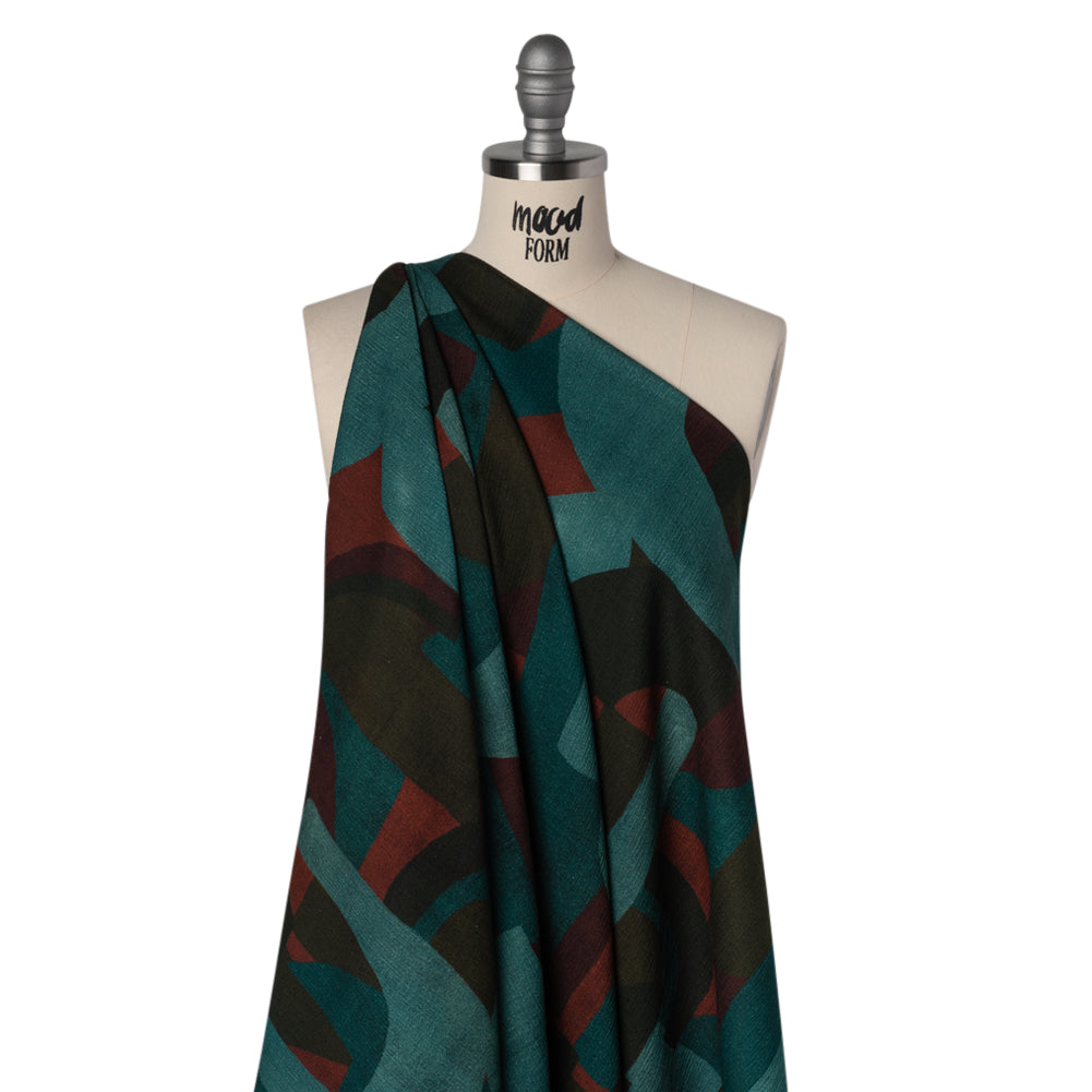 Slubbed Gauzy Cotton Woven - Teal, Burgundy and Olive Brown Geometric Abstract - Mood Exclusive Broken Symmetry Print - Joann Fabrics