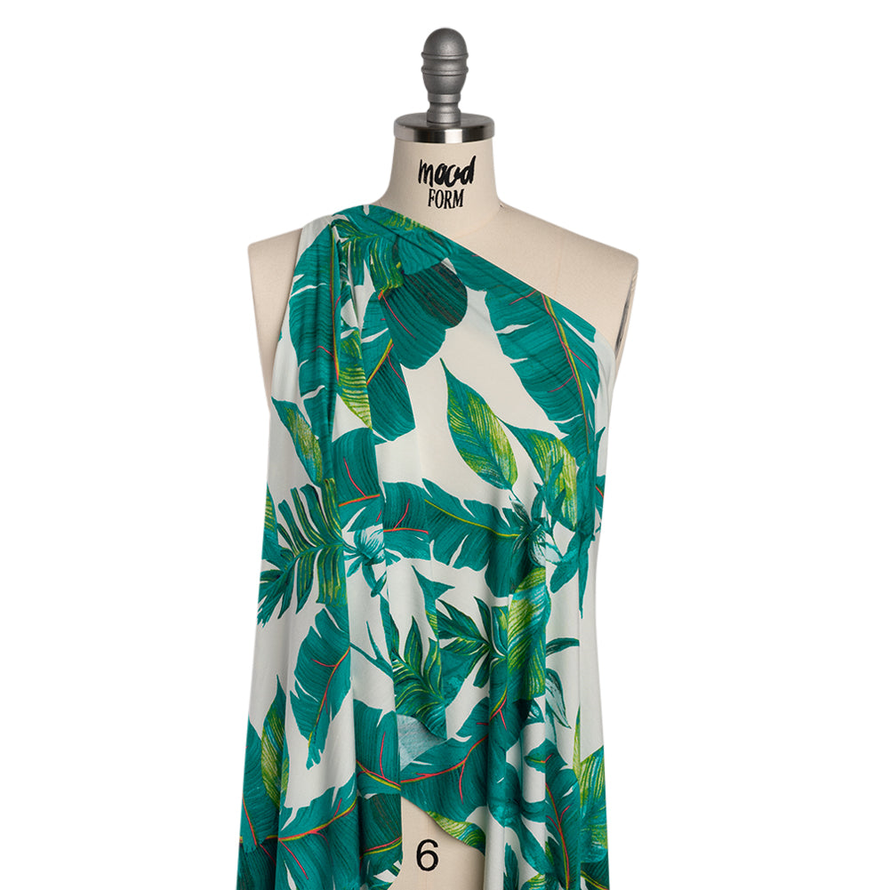 Stretch Rayon Jersey Print - Ocean Green, Lime and Pink Lush Tropical Leaves - Designer Deadstock - Joann Fabrics