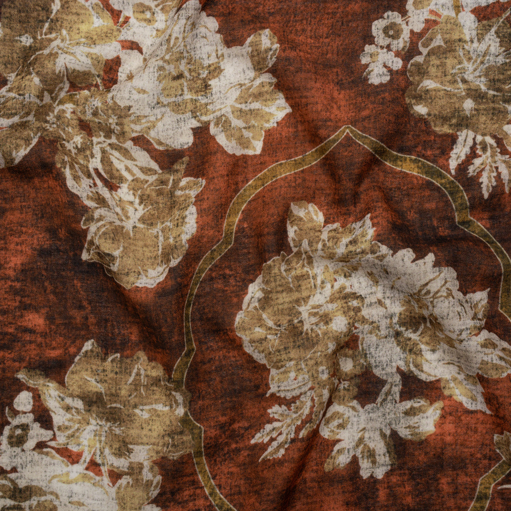 Cotton Crepe - Red Ochre, Beige and Cream Distressed Roses and Frames - Mood Exclusive Gilded Memory Print - Joann Fabrics