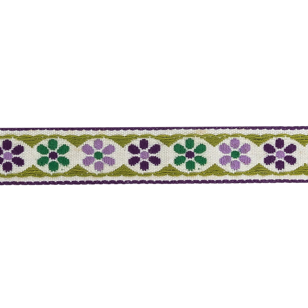 Green, Off-White and Purple Floral German Jacquard Cotton Ribbon - 0.625