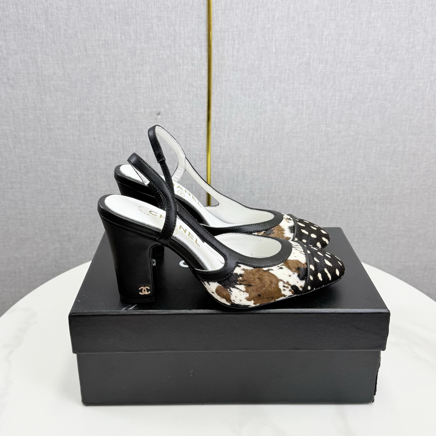 Chanel high heels, pony hair patchwork women's shoes, square toe chunky heel sandals