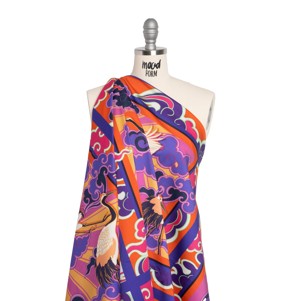 Stretch Cotton Sateen Panel - Purple and Orange Cranes and Clouds - Sunrise Flight Print - Mood Exclusive Chariot Collection - Joann Fabrics