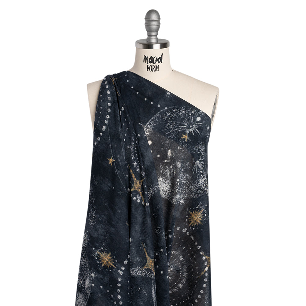 Crinkled Cotton Gauzy Woven - Navy Blue, White and Yellow Starry Sky - Mood Exclusive Little Traveler Print - Joann Fabrics