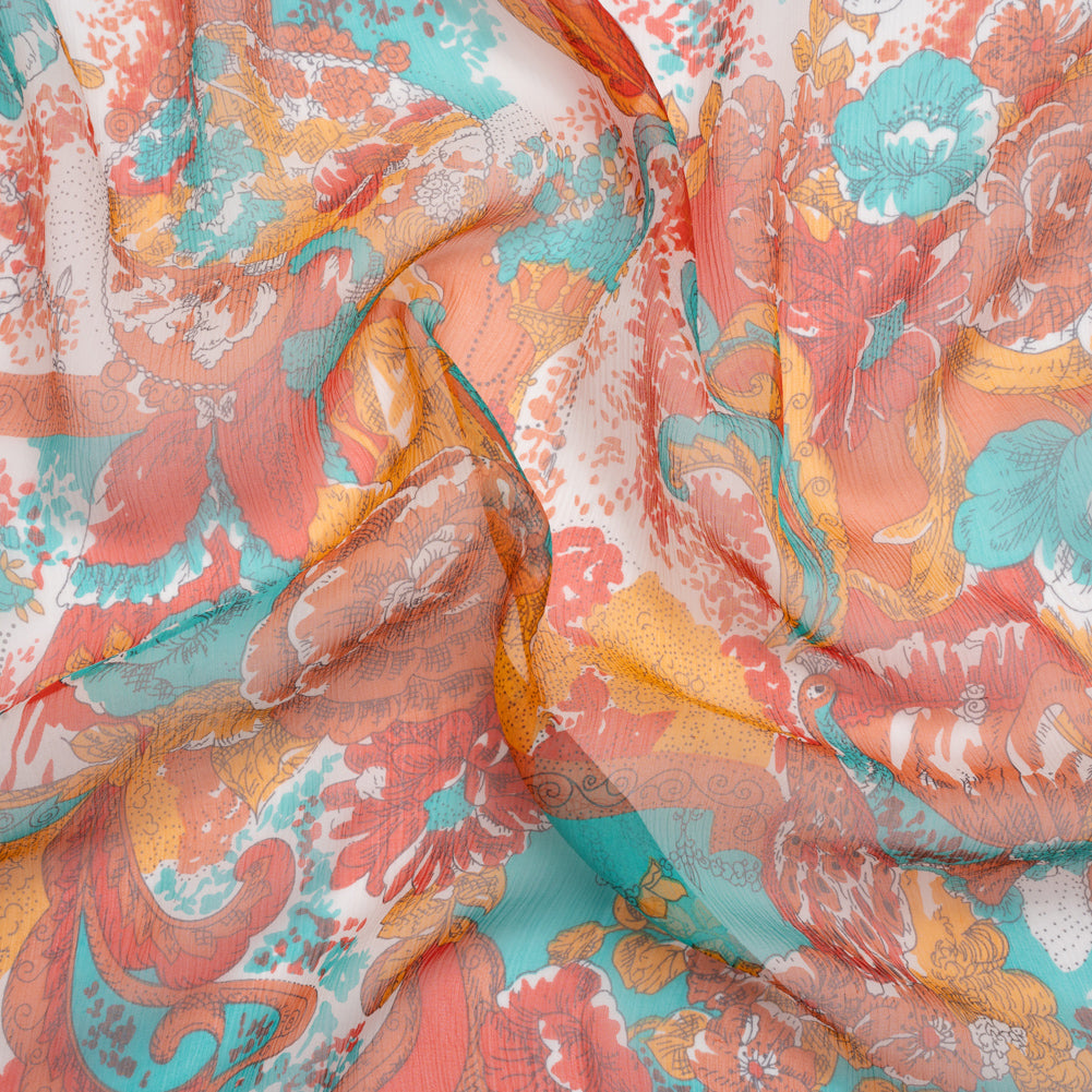 Turquoise, Peach and Orange Ornamental Gardens Crinkled Silk Chiffon - Joann Fabrics