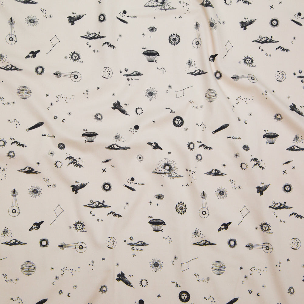 Stretch Cotton Sateen - White Flying Machines and Outer Space - Future That Awaits Us Print - Mood Exclusive Crow Collection - Joann Fabrics
