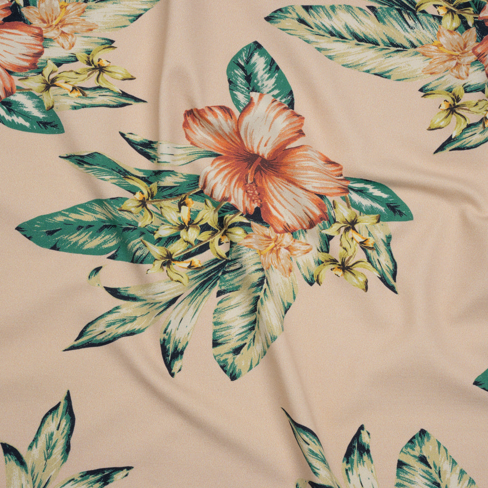 Stretch Nylon Swimwear Tricot - Beige, Green and Pink Tropical Bouquets - Designer Deadstock - Joann Fabrics