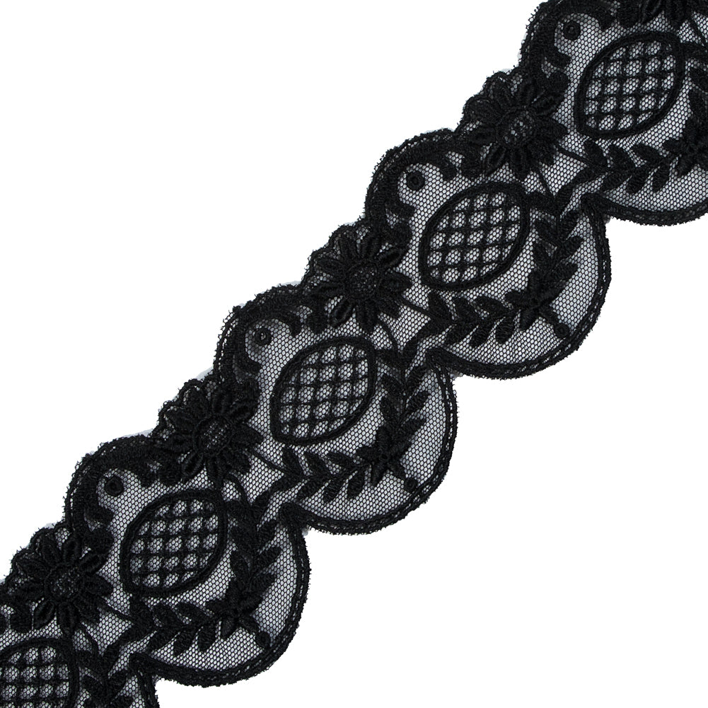 Black Scallop-Edged Embroidered Mesh - 2.5