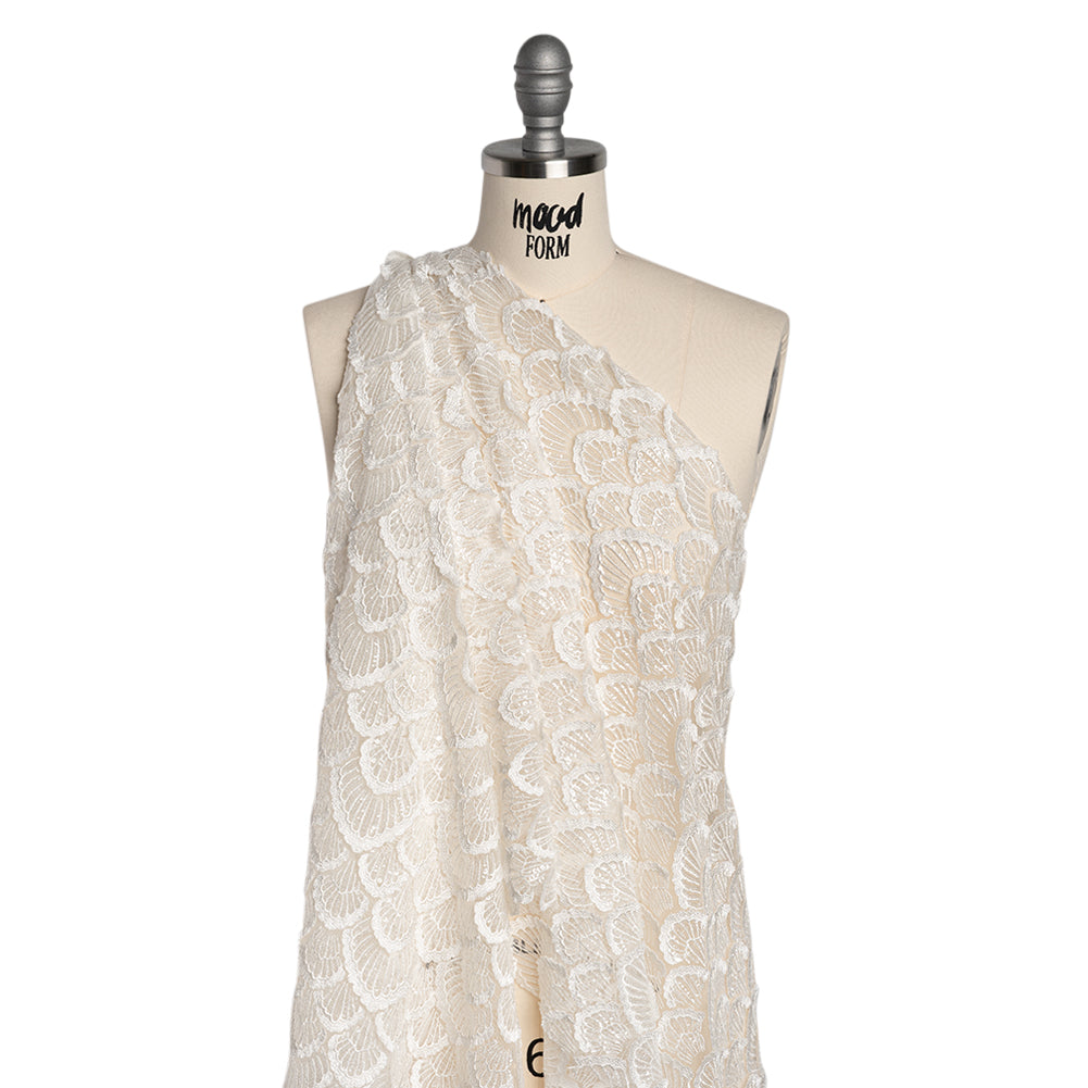 Embroidered Lace with Clear Baby Sequins - Ivory Fringed Petal-Like Scales - Joann Fabrics