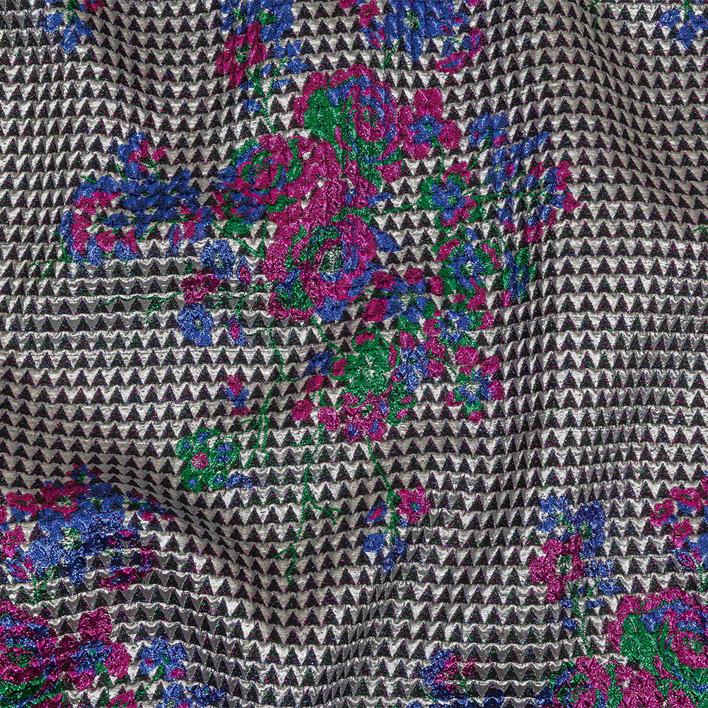 Metallic Silver, Pink and Blue Floral Triangles Quilted Look Luxury Brocade - Joann Fabrics