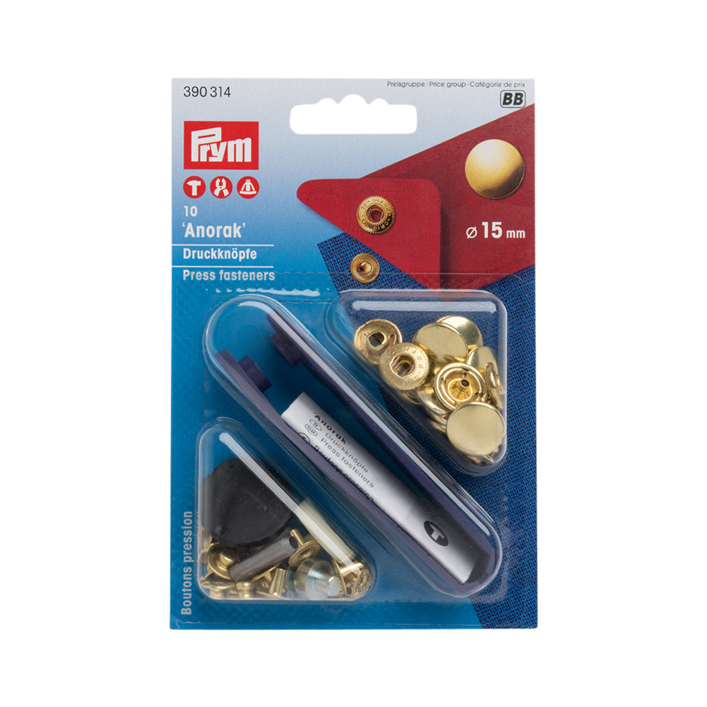 Prym Anorak Press Fasteners with Tools - Gold 15mm - 10pc - Joann Fabrics