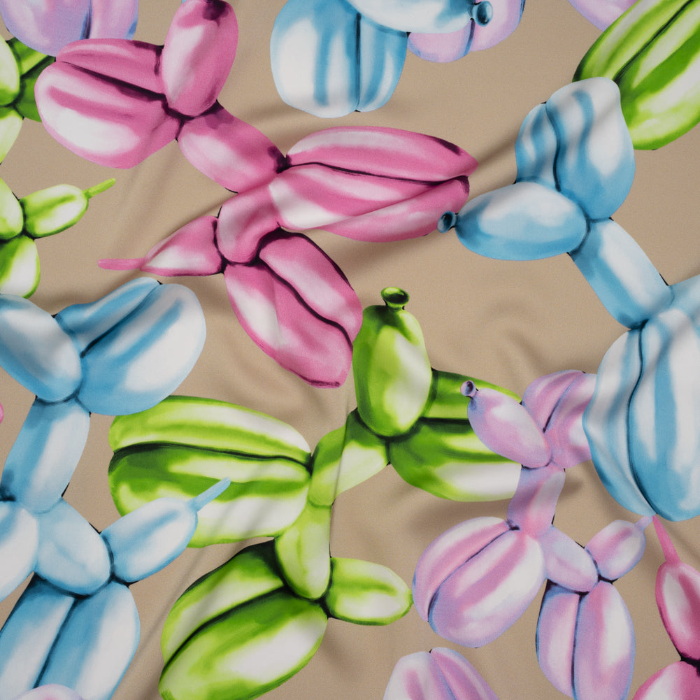 Polyester Satin - Pink, Blue and Beige Large Balloon Dogs - Mood Exclusive Puff Pups Print - Joann Fabrics