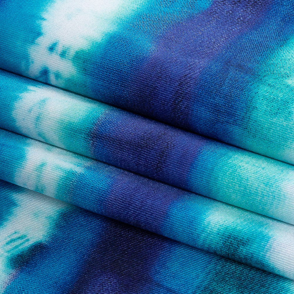 Compression Swimwear Tricot, UV Protective with Aloe Vera Microcapsules - Deep Ultramarine, Teal and White Tie Dye Stripes - Caye Collection - Joann Fabrics