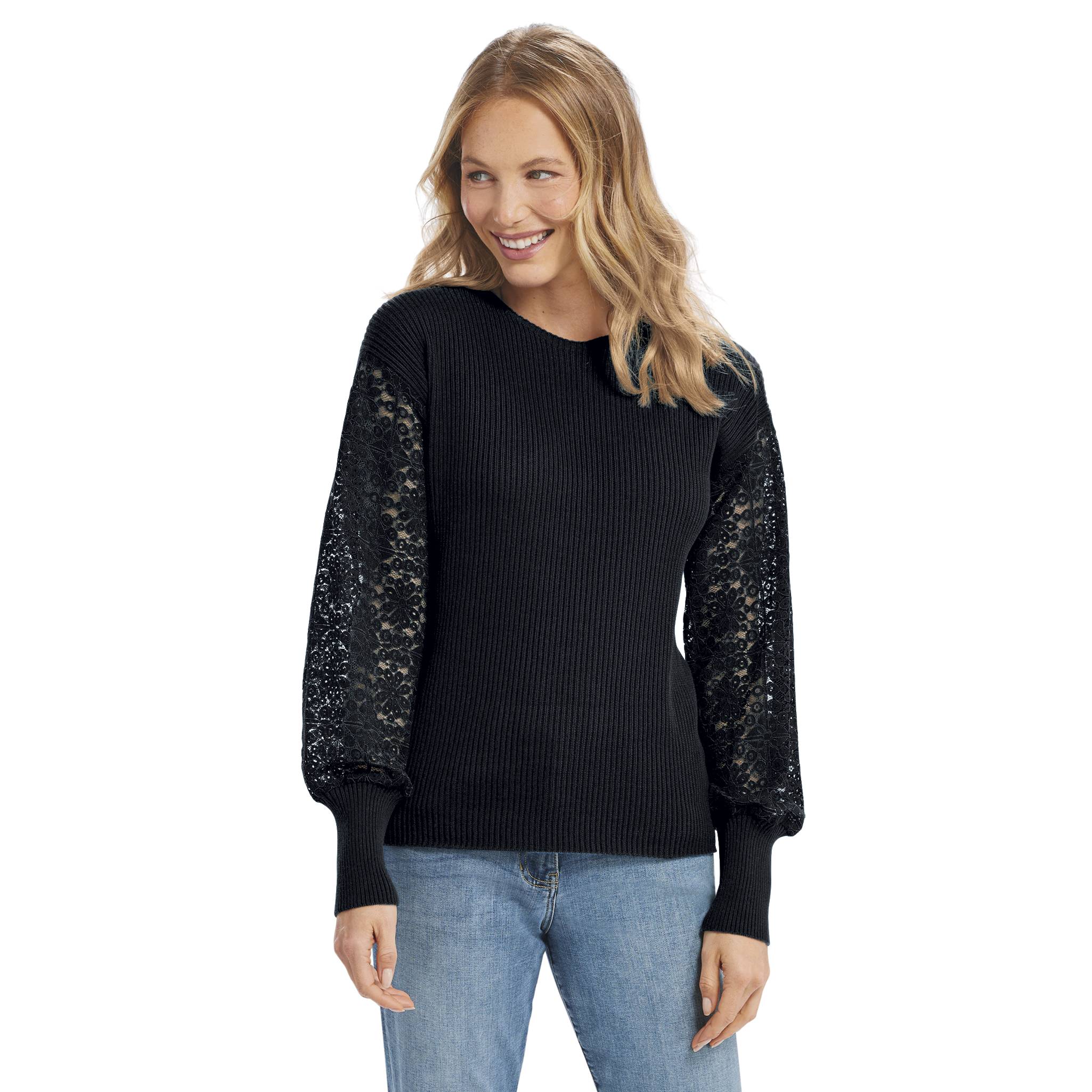 Lace-Sleeve Ribbed Sweater, Lace Inset Sleeves, Ribbed Cuffs - Northstyle Catalog