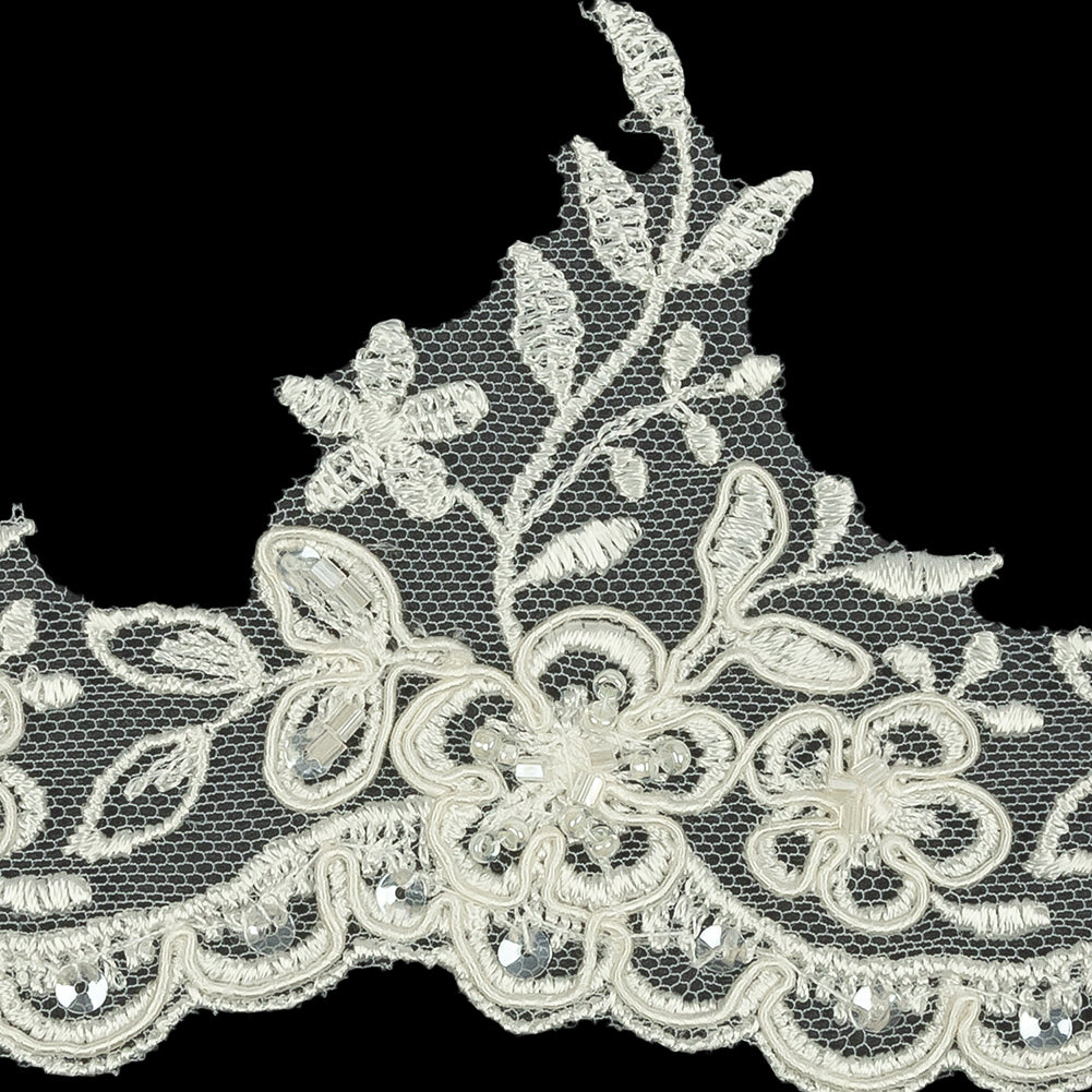 Off White Floral Beaded and Corded Scalloped Bridal Lace Trim - 3.5