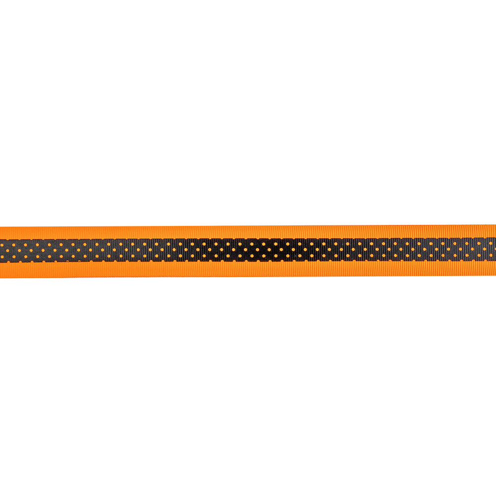 Italian Neon Orange and Black Polka Dot Striped Petersham Grosgrain Ribbon - 1