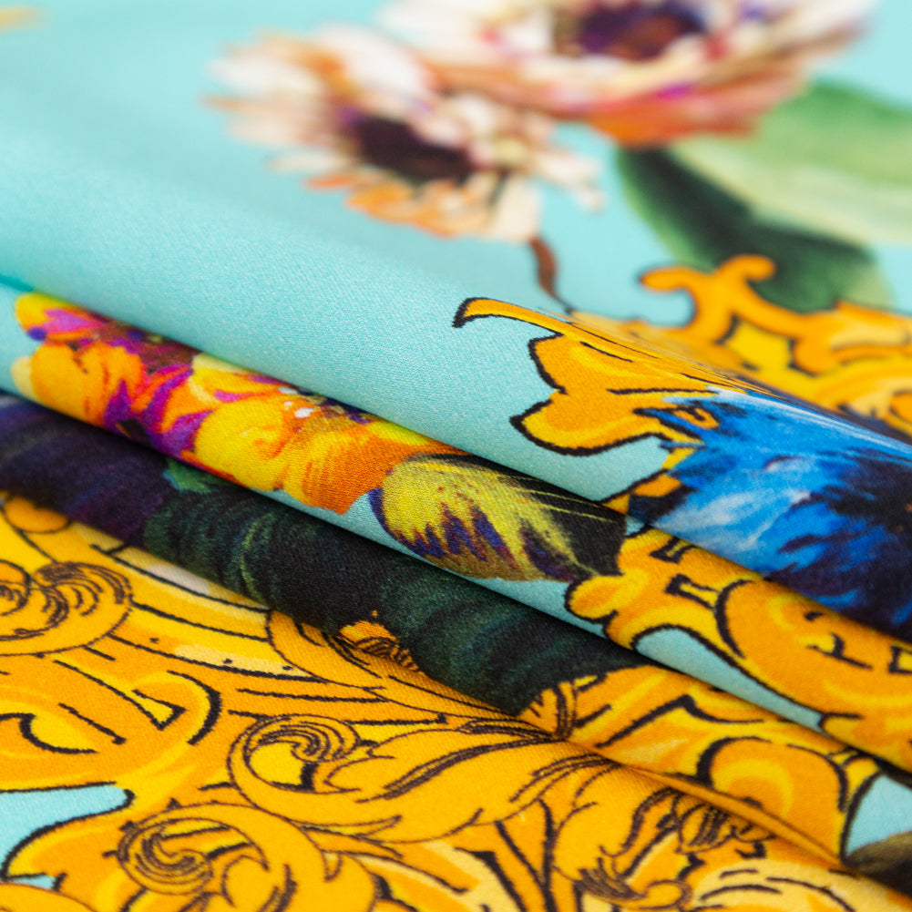 Mood Exclusive Italian Turquoise and Gold Ornate Floral Digitally Printed Silk Charmeuse - Joann Fabrics
