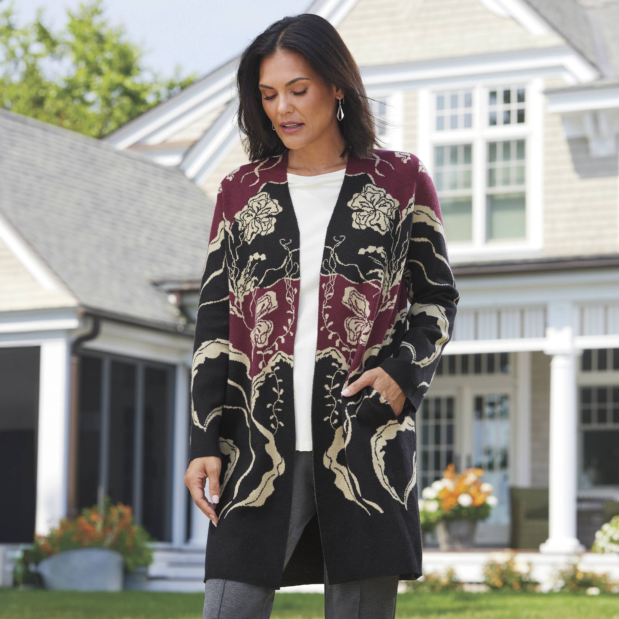 Jacquard Flora Cardigan, Open Front, Side Pockets - Northstyle Catalog