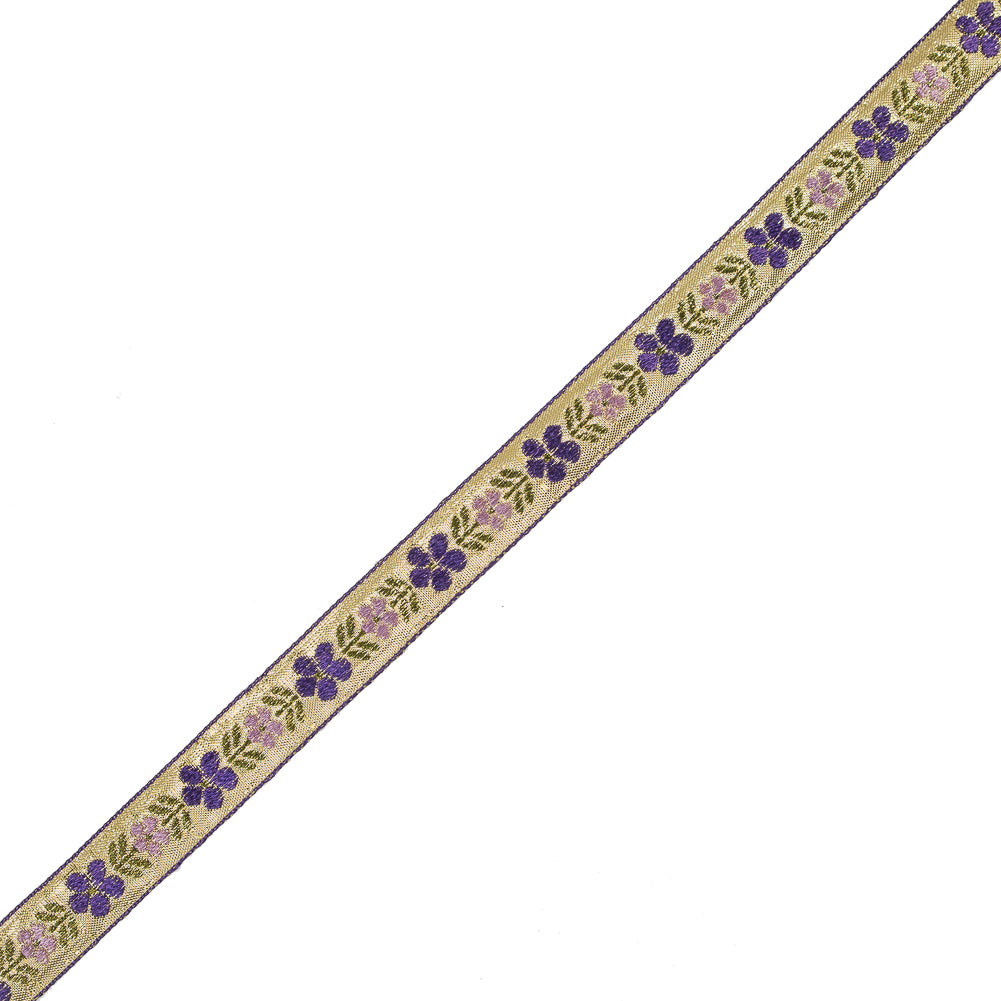 Purple and Metallic Gold Floral Jacquard Ribbon - 0.75