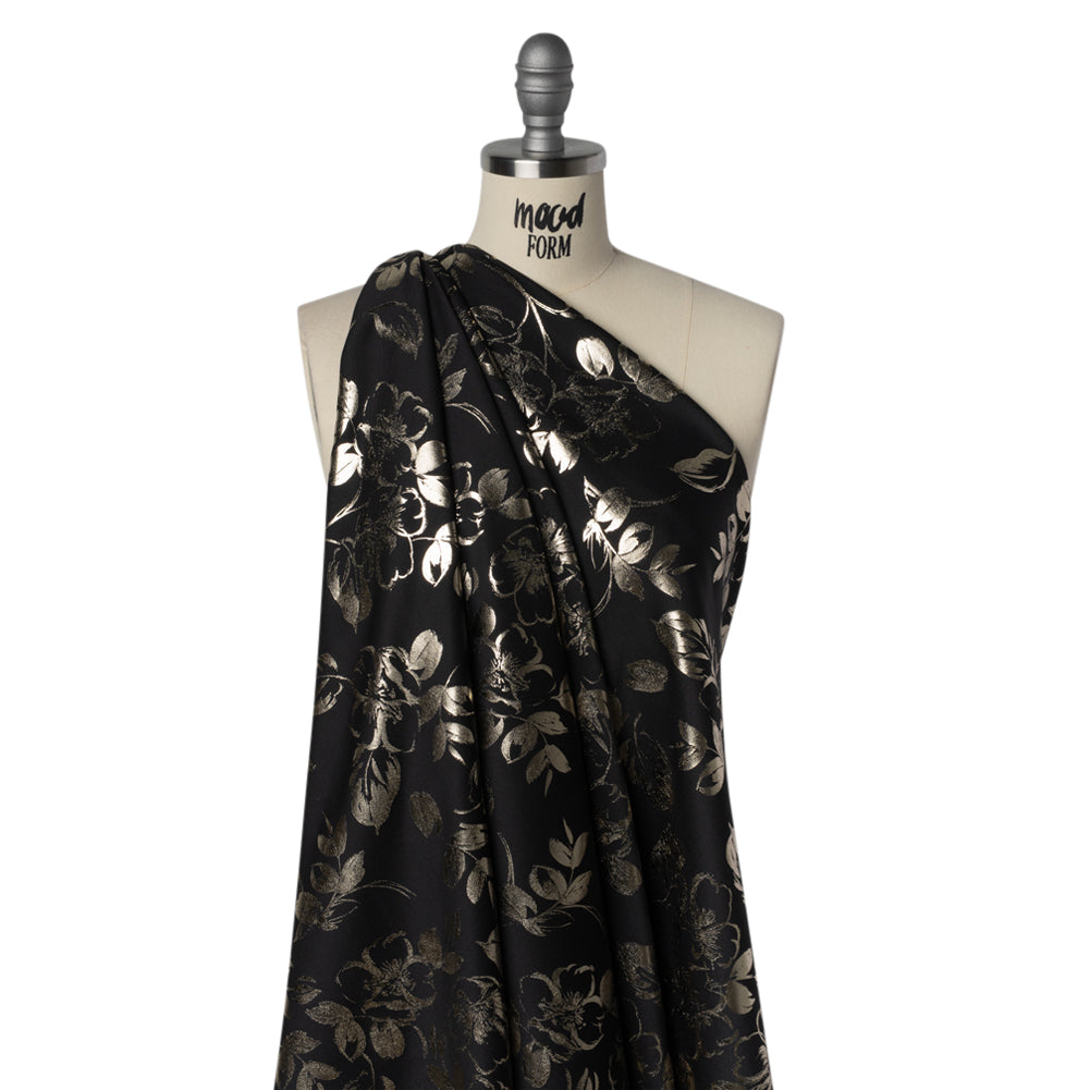 Metallic Stretch Polyester Scuba Knit Print - Black and Gold Floral - Designer Deadstock - Joann Fabrics