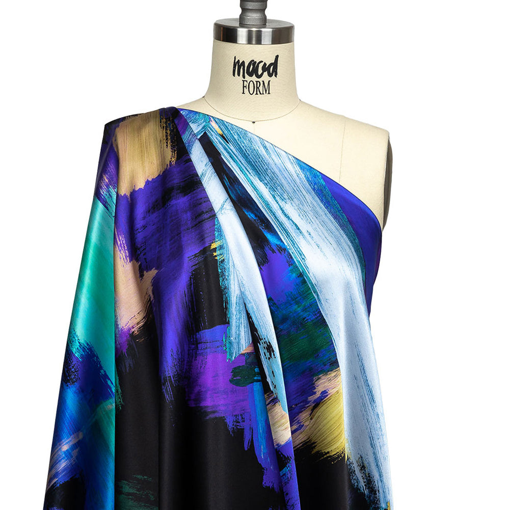 Mood Exclusive Italian Black, Mint and Purple Painterly Abstraction Silk Charmeuse - Joann Fabrics