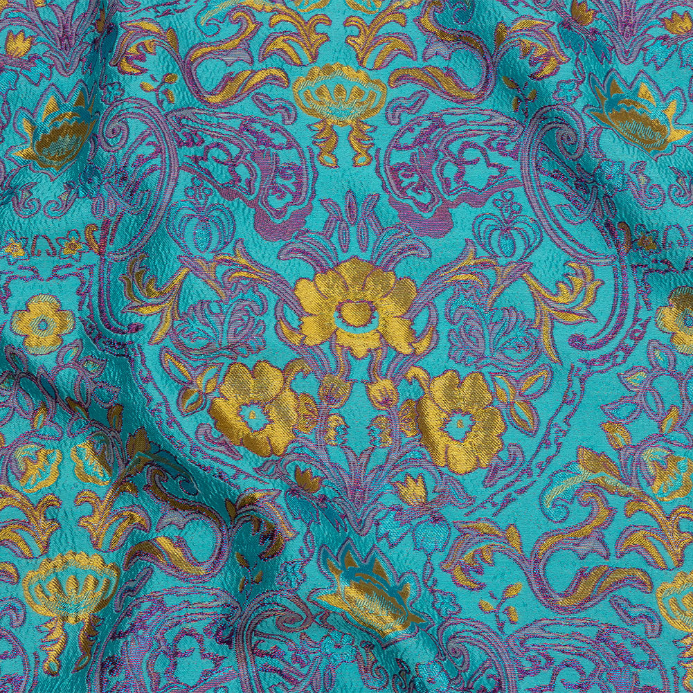 Turquoise, Magenta and Golden Yellow Floral Damask Metallic Luxury Brocade - Joann Fabrics