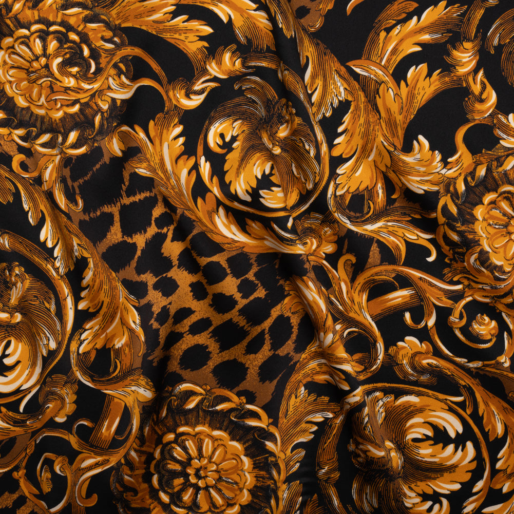 Silk Charmeuse Print - Black and Gold Floral Ornaments and Animal Spots - Made in Italy - Joann Fabrics