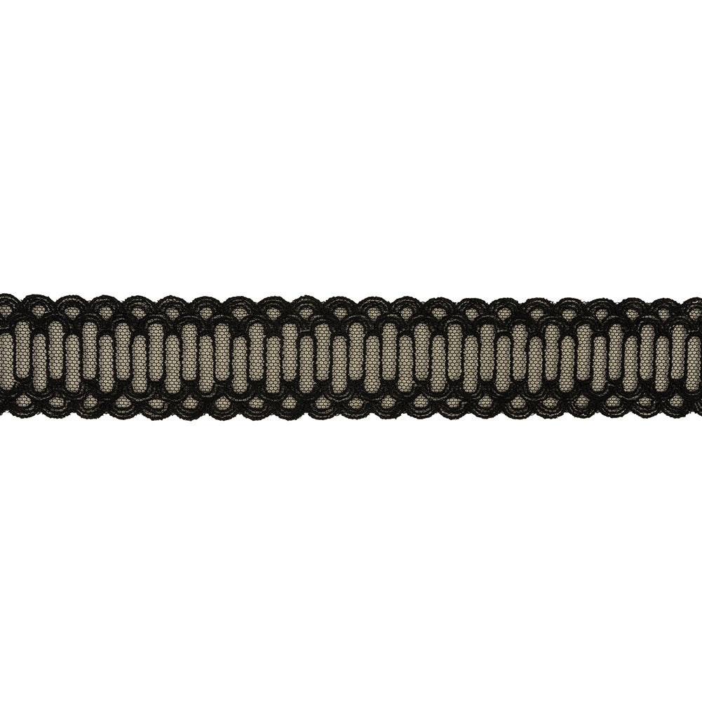 Black Scalloped Abstract Embroidered Lace Trim - 1.375