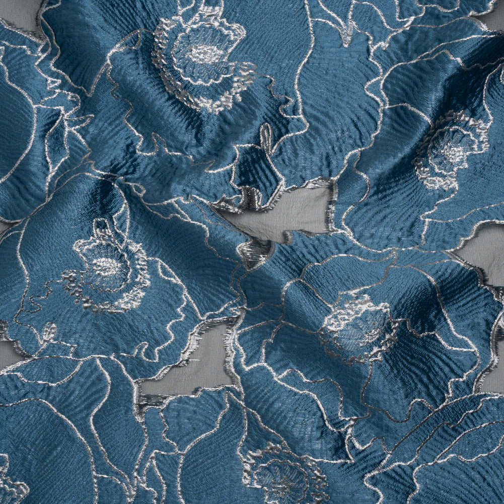 Metallic Burnout Brocade - Country Blue and Silver All-Over Outlined Flowers - Joann Fabrics