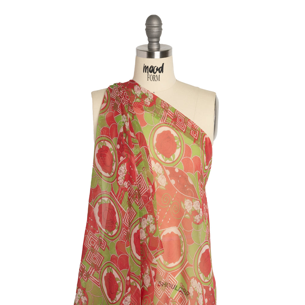 Red and Lime Geometry and Roses Silk Chiffon - Joann Fabrics