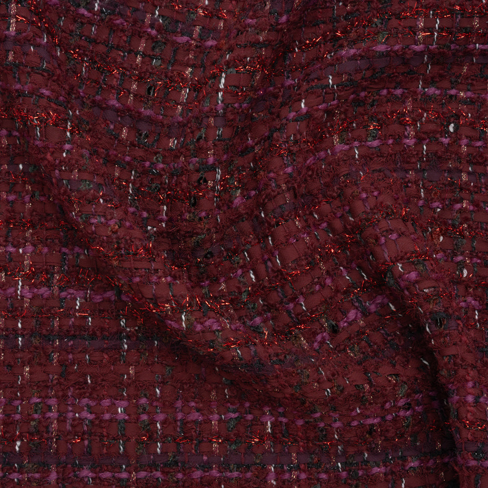 Polyester and Wool Blend Tweed with Eyelash Fringe - Burgundy, Fuchsia and Black - Joann Fabrics