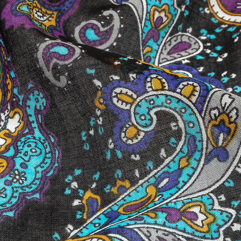 Gauzy Cotton Voile - Black, Spiced Plum and Turquoise Paisley - Deadstock - Joann Fabrics