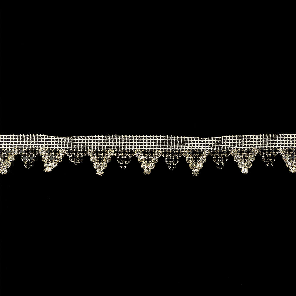 Vintage Czech Crystal and Jet Rhinestones in Silver Settings on White Mesh Trimming - 1.1875