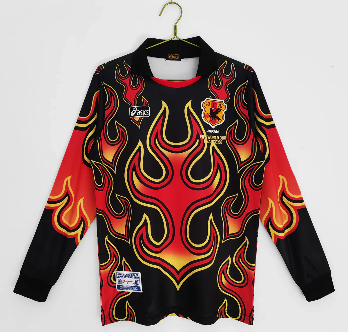 Japan Retro 1998–1999 Long Sleeve Goalkeeper Kit with black body and red, orange and yellow flames