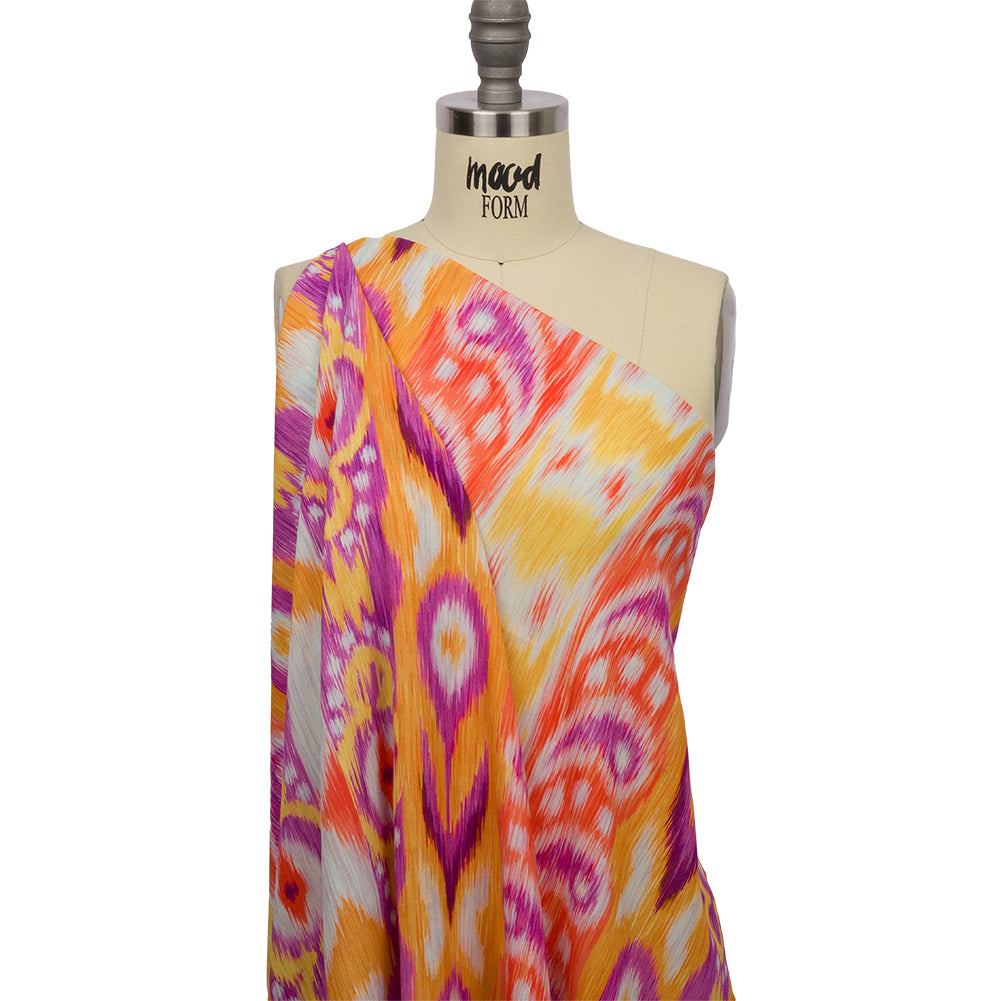 Gauzy Wrinkled Rayon Woven Print - Purple and Yellow Ikat Paisley Stripes - Mood Exclusive Feathered Psyche - Joann Fabrics
