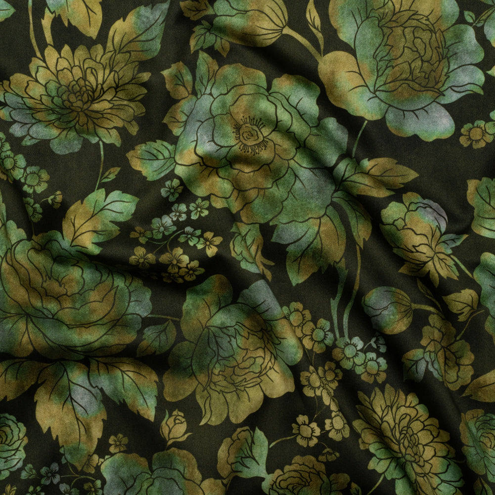Stretch Cotton Sateen - Green, Olive and Navy Floral - Secret Garden Print - Mood Exclusive Acadia Collection - Joann Fabrics