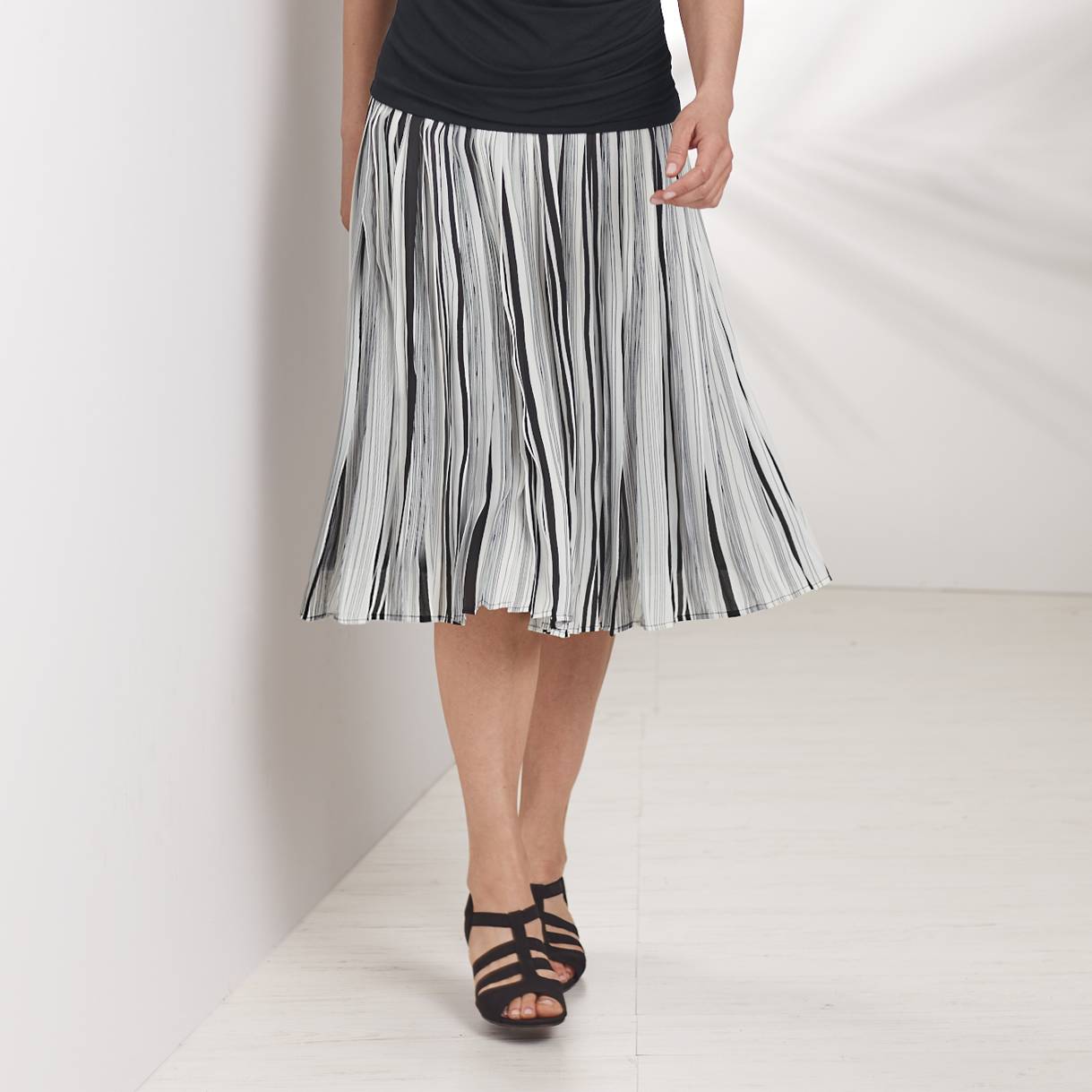 Pleated Stripe Skirt, Pleated Georgette, Wide Elastic Waistband - Northstyle Catalog