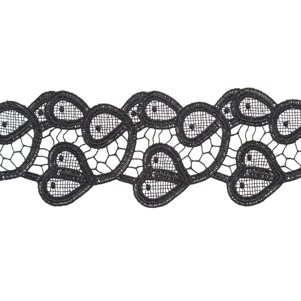 Italian Black Swirling Hearts Venise Lace Trim - 2.625