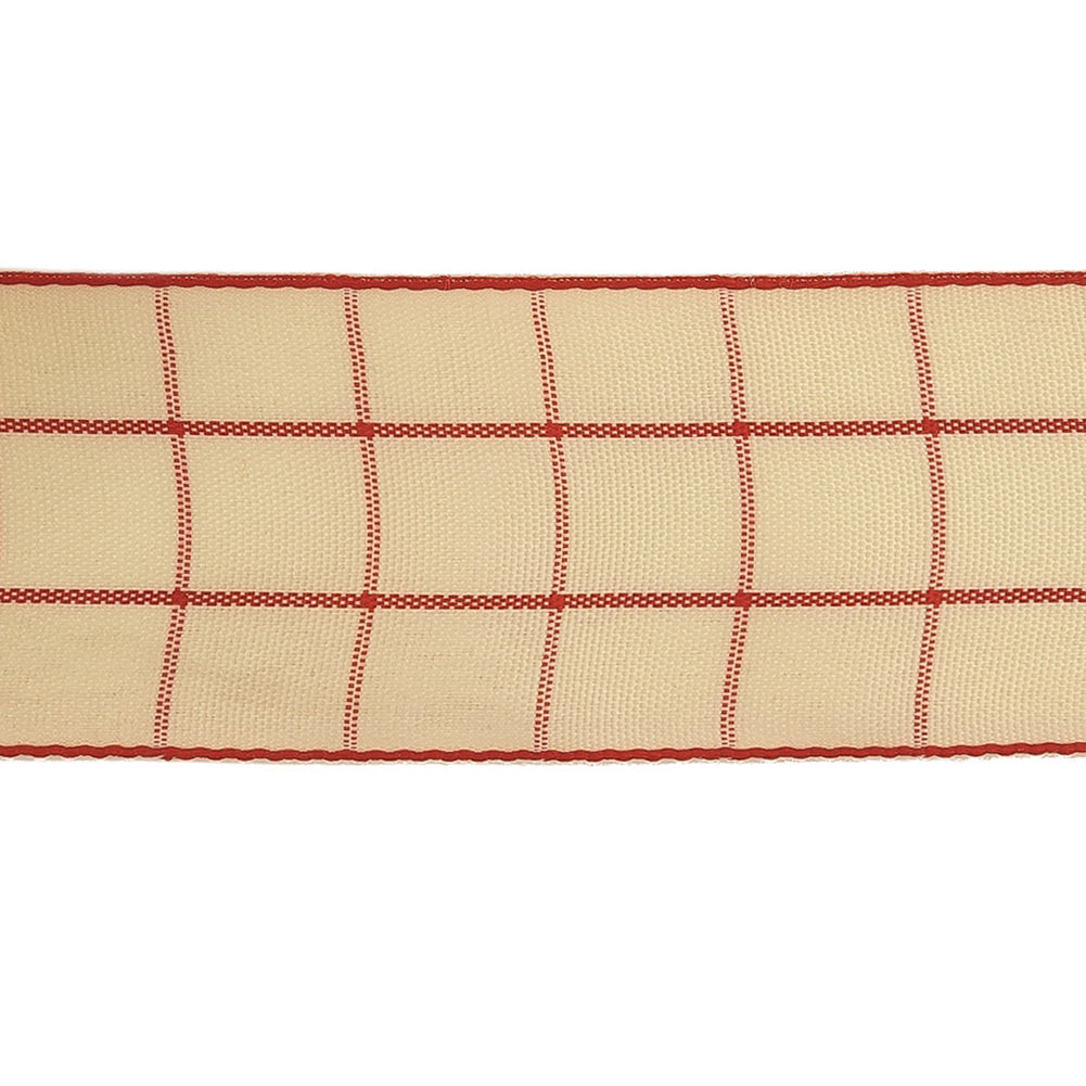 Pointsettia and Ethereal Green Windowpane Check Woven Ribbon - 1.5