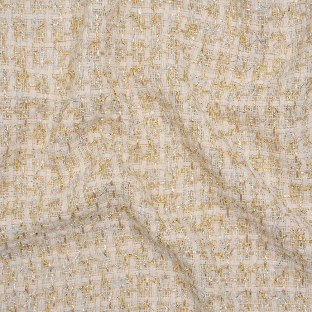 Wool Blend Tweed with Silver and Gold Eyelash Fringe - Cream Checks - Deadstock - Joann Fabrics
