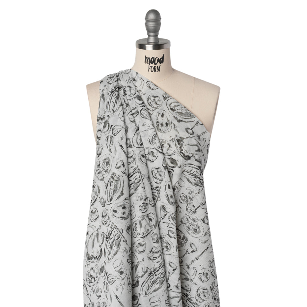 Crinkled Cotton Gauzy Woven - Black, White and Gray Food Sketches - Mood Exclusive Dinner Party Print - Joann Fabrics