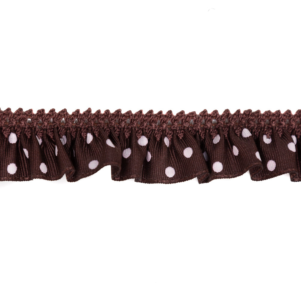 European Brown and White Polka Dot Ruffled Stretch Grosgrain .875