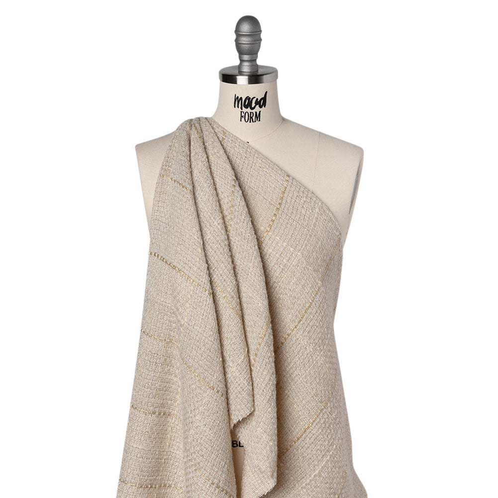 Metallic Wool Blend Tweed Made in Italy - Oatmeal, White and Gold Textured Windowpane Checks - Joann Fabrics
