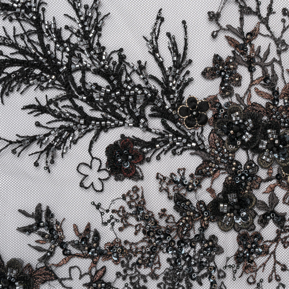 Beaded and Embroidered Tulle with 3D Appliques - Black and Bronze Fanciful Floral Sprays - Joann Fabrics